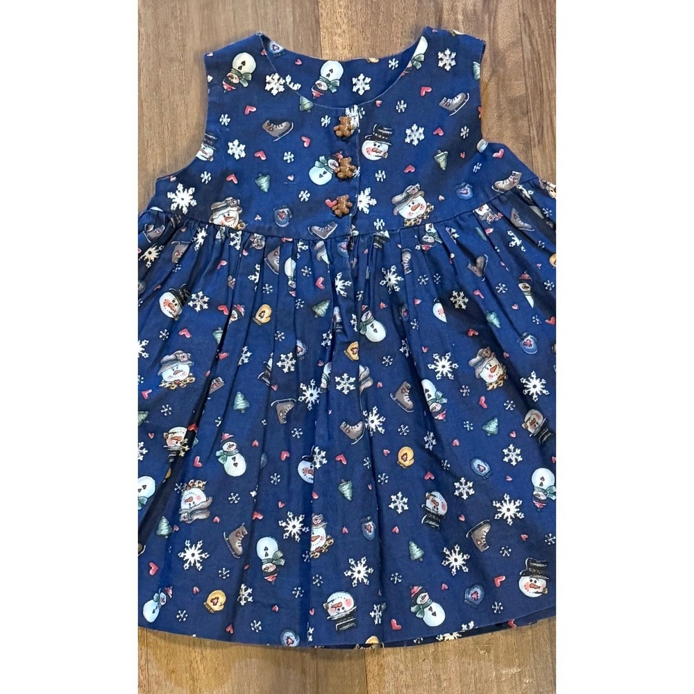 Cottagecore Retro Blue Snowman Snowflake Winter Holiday Sleeveless Dress 18-24 - Picture 6 of 6